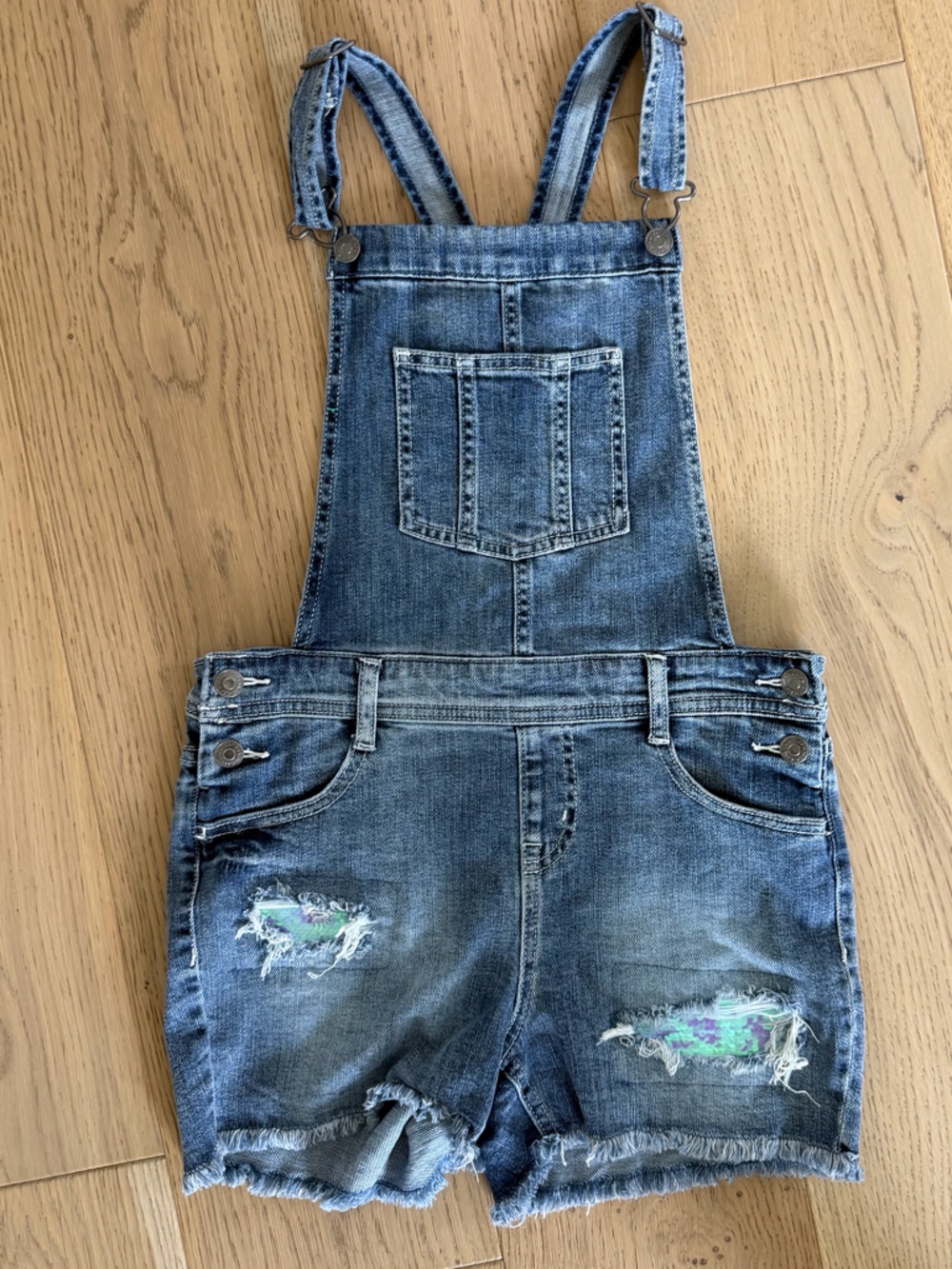 Cat & Jack Blue Denim Girls' Overall Romper with Distressed Patches 10-12 years